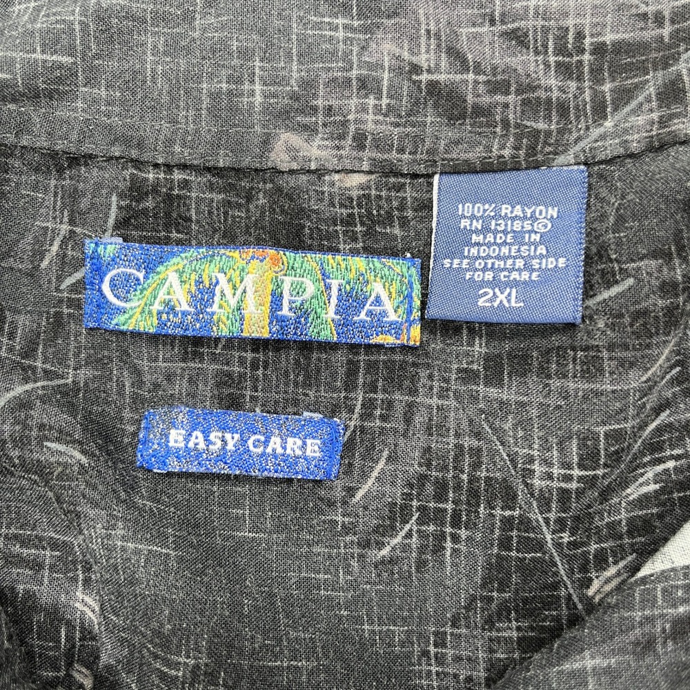 Campia Mens 2XL Black Grey Tropical Palm Pineapple Rayon Button Up Shirt Y2K - Picture 3 of 4